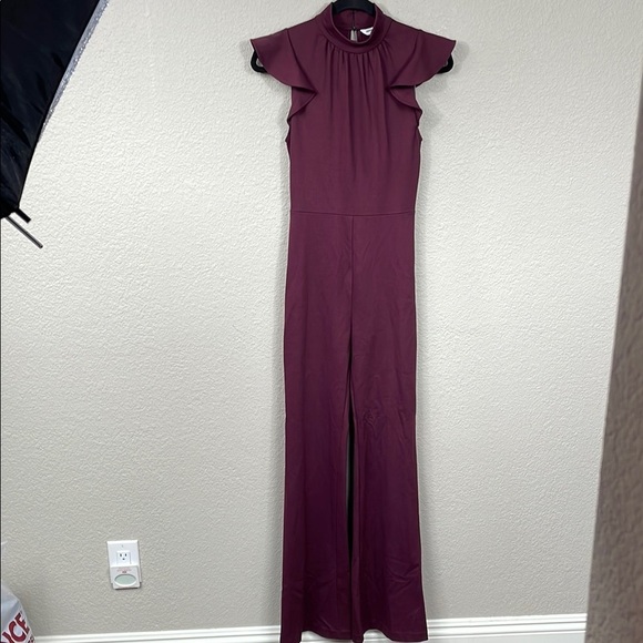 Amanda Uprichard Davina Ruffle Mock Neck Flare Jumpsuit Merlot Burgundy Sz XS - Picture 3 of 12